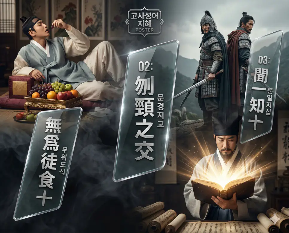 무위도식 뜻, 문경지교 뜻, 문일지십 뜻: 삶의 경계와 진정한 우정, 영특함의 지혜 정리 4 무위도식, 문경지교, 문일지십의 뜻과 핵심을 담은 세련된 영화 포스터 스타일의 FAQ 인포그래픽