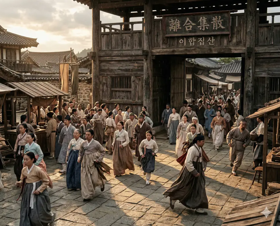 이합집산 뜻, 인과응보 뜻, 인산인해 뜻: 모이고 흩어지는 흐름과 인과의 법칙, 군중의 지혜 정리 1 이합집산(離合集散) 뜻 – 모였다가 흩어짐을 의미하며, 광장에 수많은 인파가 모였다가 사방으로 흩어지는 역동적인 군중의 사실적 이미지