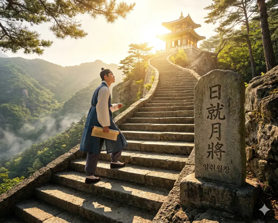 일취월장(日就月將) 뜻 – 날마다 달마다 나아간다는 뜻으로 학업이나 실력이 급속히 발전함을 의미하며, 높은 계단을 오르는 학자의 사실적인 이미지