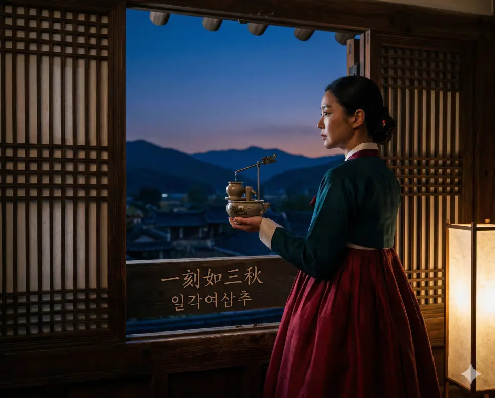 일각여삼추(一刻如三秋) 뜻 – 아주 짧은 시간이 삼 년 같다는 뜻으로 간절한 기다림을 의미하며, 물시계를 바라보며 누군가를 기다리는 인물의 사실적 이미지