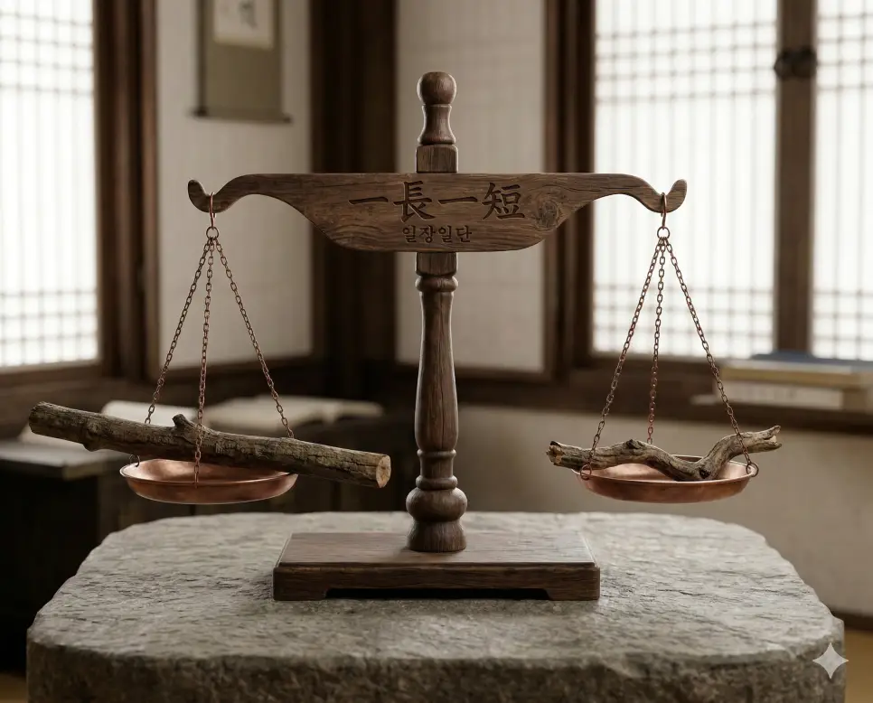 일자무식 뜻, 일자천금 뜻, 일장일단 뜻: 배움의 가치와 문장의 무게, 균형의 지혜 3 일장일단(一長一短) 뜻 – 장점이 있으면 단점도 있다는 의미이며, 나무 막대기 두 개가 완벽한 균형을 이루고 있는 저울의 차분하고 사실적인 이미지