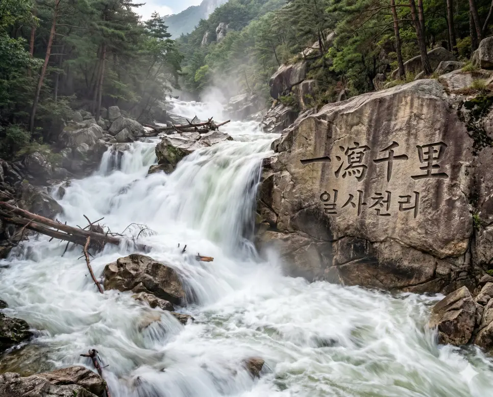 일사각오 뜻, 일사불란 뜻, 일사천리 뜻: 비장한 결의와 완벽한 질서, 쾌속 진행의 지혜 3 일사천리(一瀉千里) 뜻 – 물이 쏟아져 천 리를 간다는 뜻으로 거침없는 속도를 의미하며, 좁은 계곡을 뚫고 맹렬하게 쏟아져 내리는 강물의 사실적 이미지