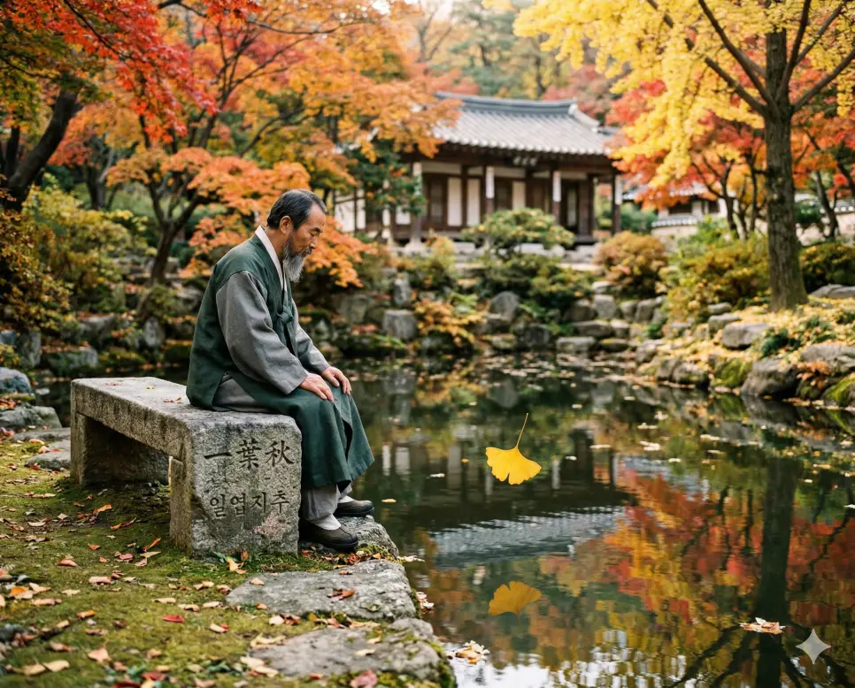 일석삼조 뜻, 일석이조 뜻, 일엽지추 뜻: 효율적인 성취와 징조를 읽는 통찰력의 지혜 3 일엽지추(一葉知秋) 뜻 – 나뭇잎 하나가 떨어짐을 보고 가을이 왔음을 안다는 의미이며, 수면 위로 떨어지는 은행잎을 바라보는 학자의 통찰력 있는 사실적 이미지