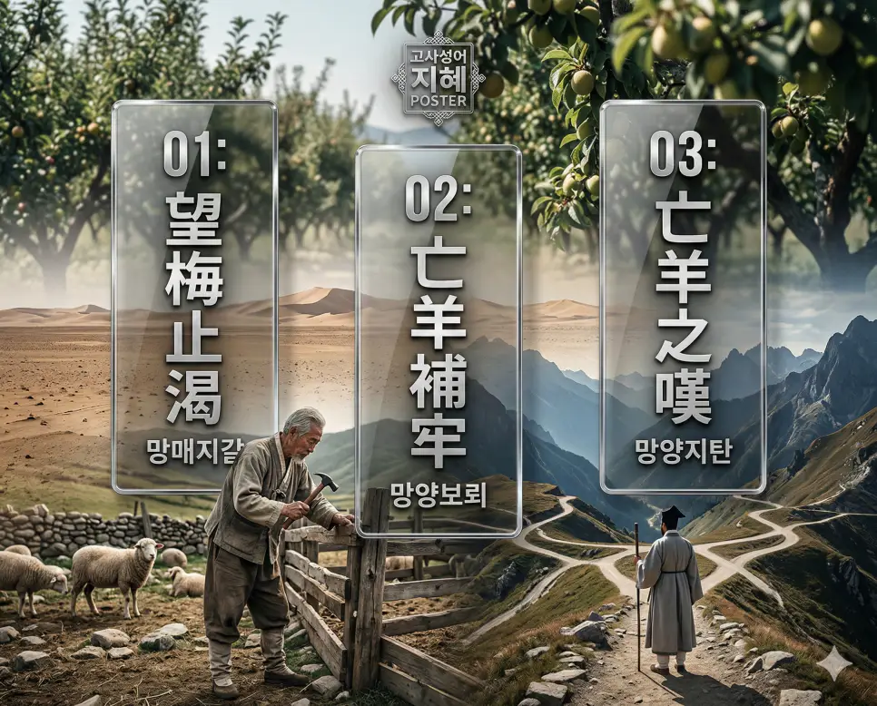 망매지갈, 망양보뢰, 망양지탄의 뜻과 핵심을 배경 이미지와 함께 정리한 세련된 영화 포스터 스타일의 FAQ 인포그래픽