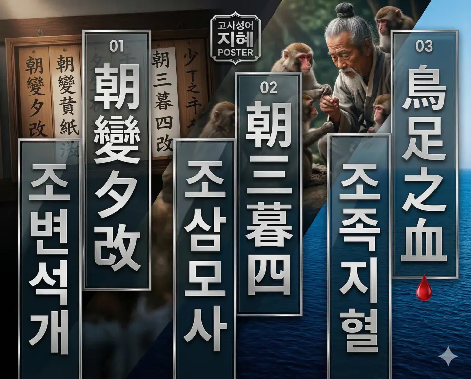 조변석개 뜻, 조삼모사 뜻, 조족지혈 뜻: 일관성의 부재와 눈앞의 속임수, 미미한 차이의 지혜 4 조변석개, 조삼모사, 조족지혈의 뜻과 핵심을 담은 세련된 영화 포스터 스타일의 고사성어 인포그래픽