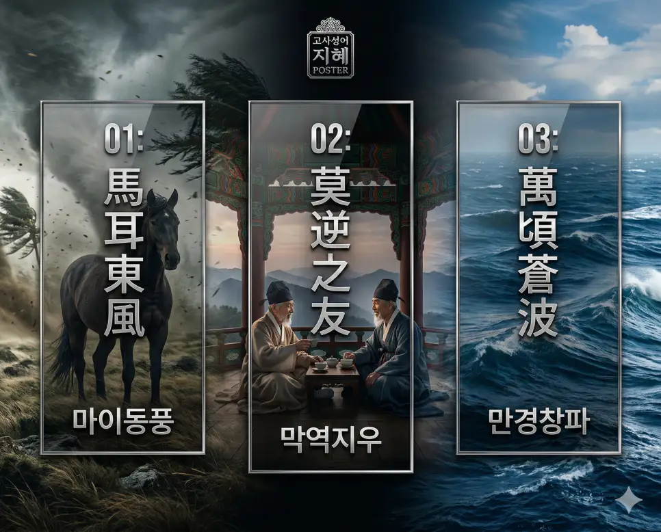마이동풍 뜻, 막역지우 뜻, 만경창파 뜻: 경청과 우정, 그리고 대양의 지혜 정리 4 마이동풍, 막역지우, 만경창파의 뜻과 핵심을 배경 이미지와 함께 정리한 세련된 영화 포스터 스타일의 FAQ 인포그래픽