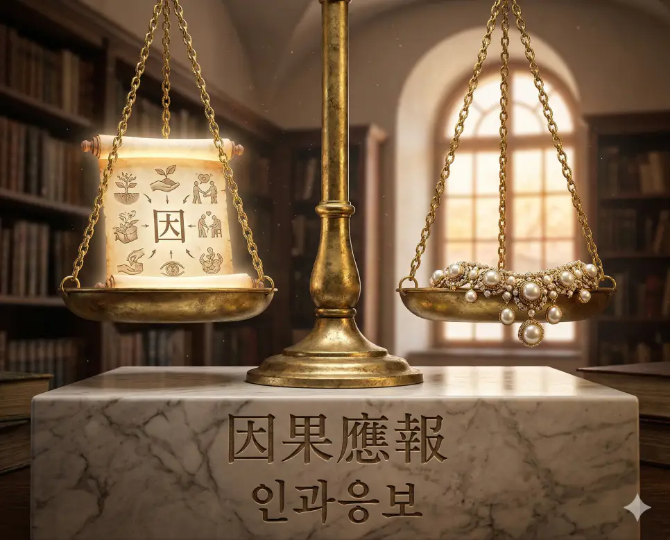 이합집산 뜻, 인과응보 뜻, 인산인해 뜻: 모이고 흩어지는 흐름과 인과의 법칙, 군중의 지혜 정리 2 인과응보(因果應報) 뜻 – 원인에 따라 결과가 따름을 의미하며, 선한 행동의 두루마리와 그에 따른 진주 목걸이가 놓인 균형 잡힌 황금 저울의 사실적인 이미지