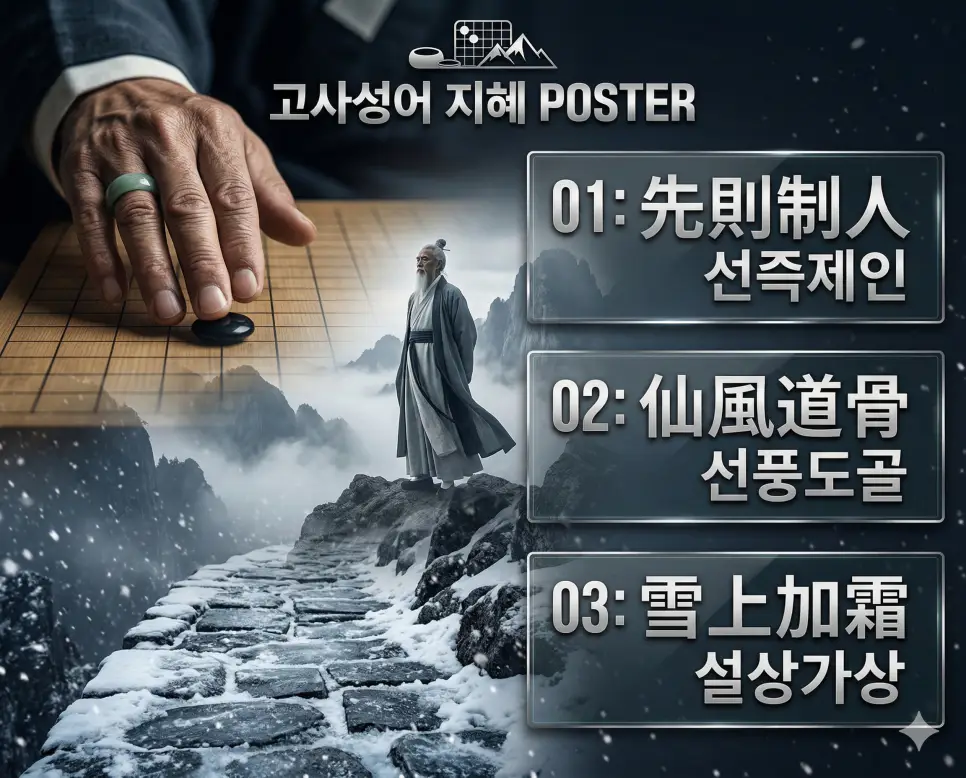 선즉제인 뜻, 선풍도골 뜻, 설상가상 뜻: 기선 제압의 기술과 비범한 풍모, 시련 극복의 지혜 정리 4 선즉제인, 선풍도골, 설상가상의 뜻과 핵심을 담은 세련된 영화 포스터 스타일의 FAQ 인포그래픽