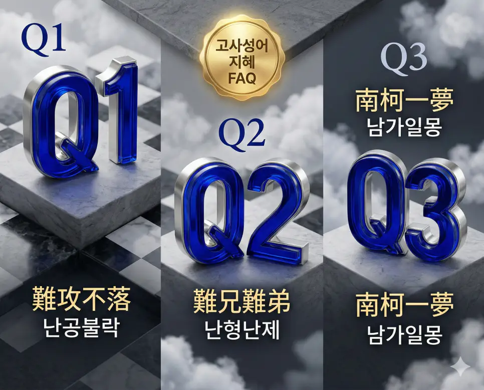난공불락, 난형난제, 남가일몽의 뜻과 지혜를 한눈에 정리한 세련된 매거진 스타일의 FAQ 인포그래픽