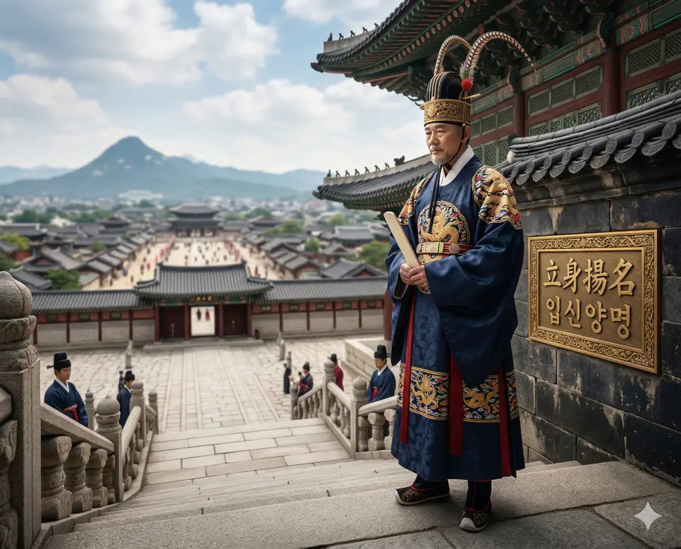 입신양명(立身揚名) 뜻 – 사회적으로 성공하여 이름을 널리 알림을 의미하며, 대궐 계단 위에서 위엄 있게 서 있는 관리의 사실적인 이미지
