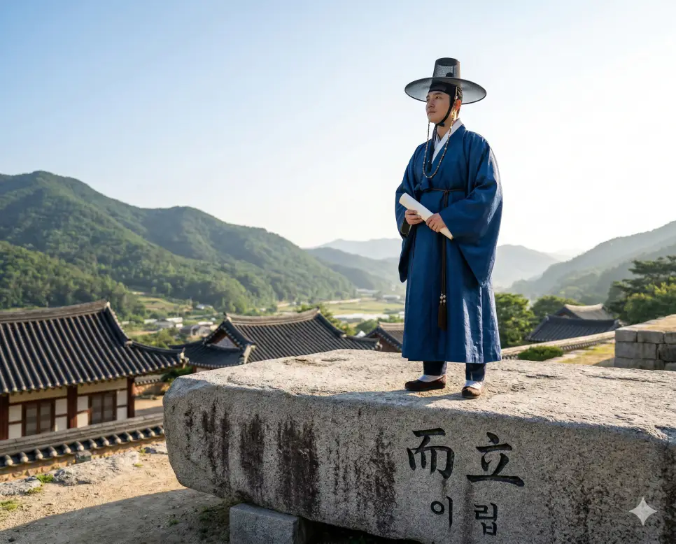 이립(而立) 뜻 – 서른 살이 되어 뜻을 확고히 세운다는 의미이며, 당당한 기개로 미래를 바라보는 젊은 선비의 사실적 이미지