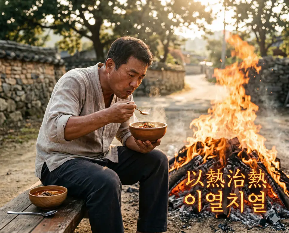 이열치열 뜻, 이율배반 뜻, 이전투구 뜻: 정면 돌파의 지혜와 모순의 경계, 처세의 철학 정리 1 이열치열(以熱治熱) 뜻 – 열은 열로써 다스린다는 뜻으로 강한 정면 돌파를 의미하며, 뜨거운 모닥불 옆에서 김이 나는 국을 먹는 인물의 사실적 이미지