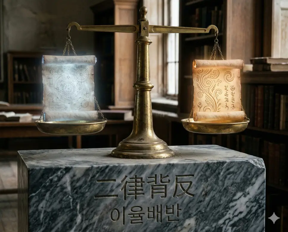 이열치열 뜻, 이율배반 뜻, 이전투구 뜻: 정면 돌파의 지혜와 모순의 경계, 처세의 철학 정리 2 이율배반(二律背反) 뜻 – 두 가지 원리가 서로 모순됨을 의미하며, 상충하는 법령이 놓인 균형 잡힌 황금 저울의 사실적인 이미지