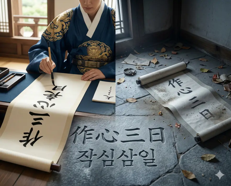 자화자찬 뜻, 작심삼일 뜻, 장삼이사 뜻: 자기 과시와 결심의 한계, 평범한 사람들의 지혜 2 작심삼일(作心三日) 뜻 – 결심이 사흘을 가지 못함을 의미하며, 먼지가 쌓인 채 버려진 결심의 두루마리를 묘사한 사실적인 이미지