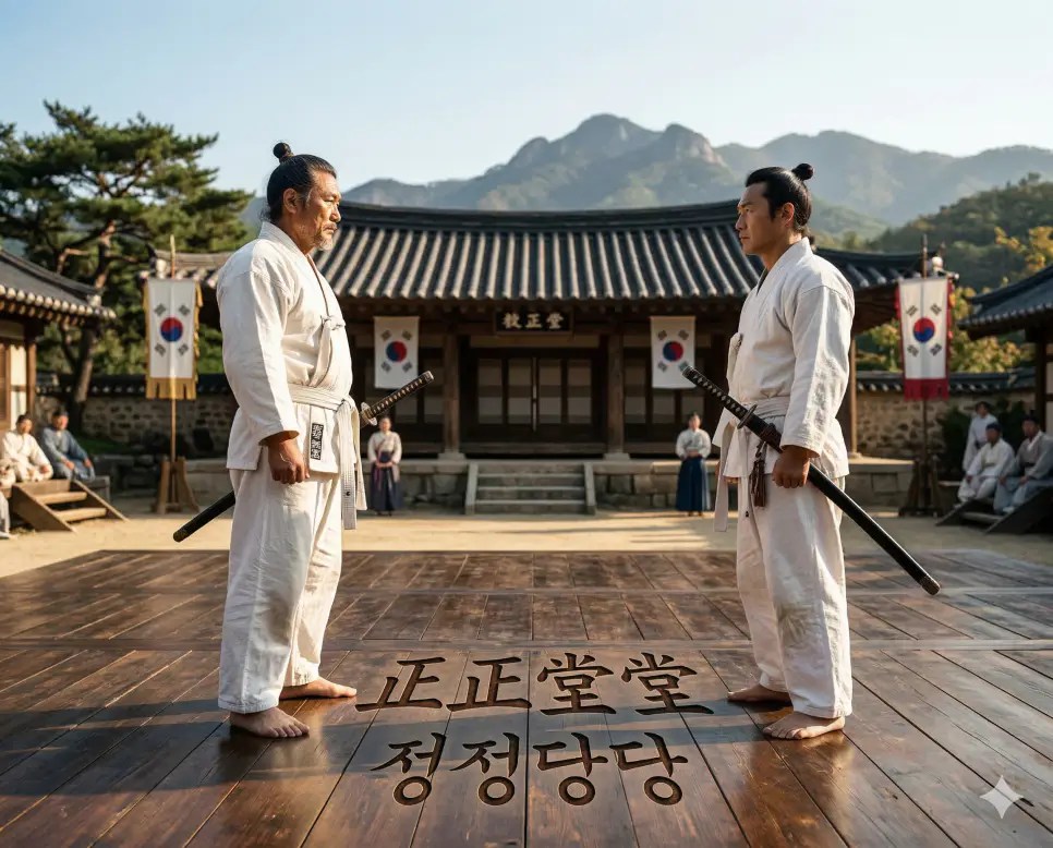 정저지와 뜻, 정정당당 뜻, 제행무상 뜻: 좁은 견해를 깨고 당당하게 나아가는 삶의 지혜 정리 2 정정당당(正正堂堂) 뜻 – 태도나 처지가 바르고 당당함을 의미하며, 햇살 비치는 경기장에서 마주 선 두 무사의 사실적인 이미지