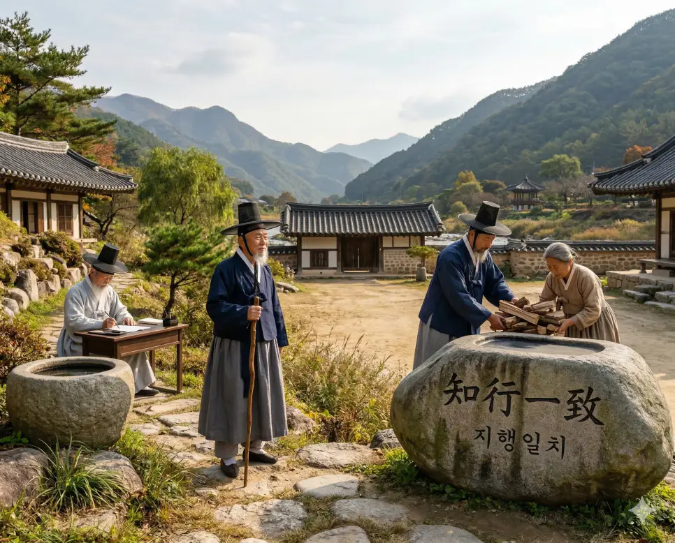 지행일치(知行一致) 뜻 – 아는 것과 행하는 것이 같음을 의미하며, 글을 쓰고 실천에 옮기는 선비의 사실적인 이미지