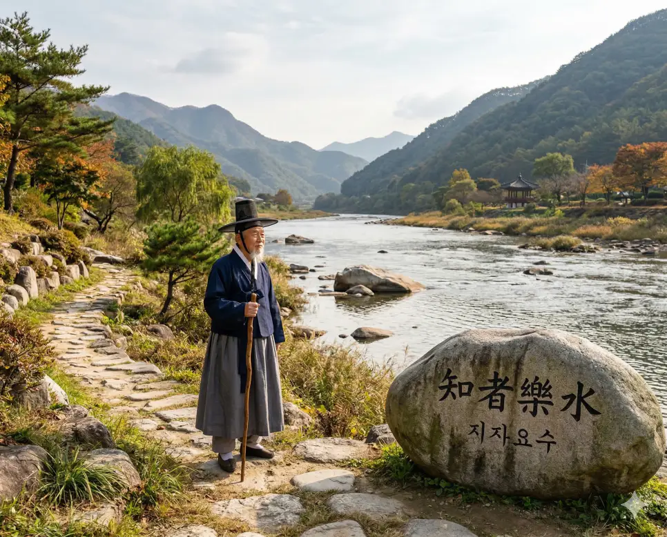 지음지기 뜻, 지자요수 뜻, 지천명 뜻: 진정한 우정과 자연의 지혜, 하늘의 명을 깨닫는 법 2 지자요수(知者樂水) 뜻 – 지혜로운 사람은 사리에 밝아 물을 좋아한다는 뜻으로 흐르는 강물을 바라보는 선비의 사실적인 이미지