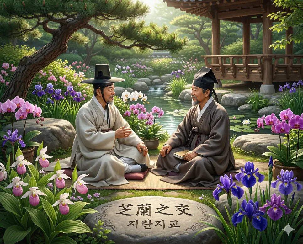 지란지교(芝蘭之交) 뜻 – 고결한 우정을 의미하며, 난초 핀 정원 속 선비들의 사실적인 이미지