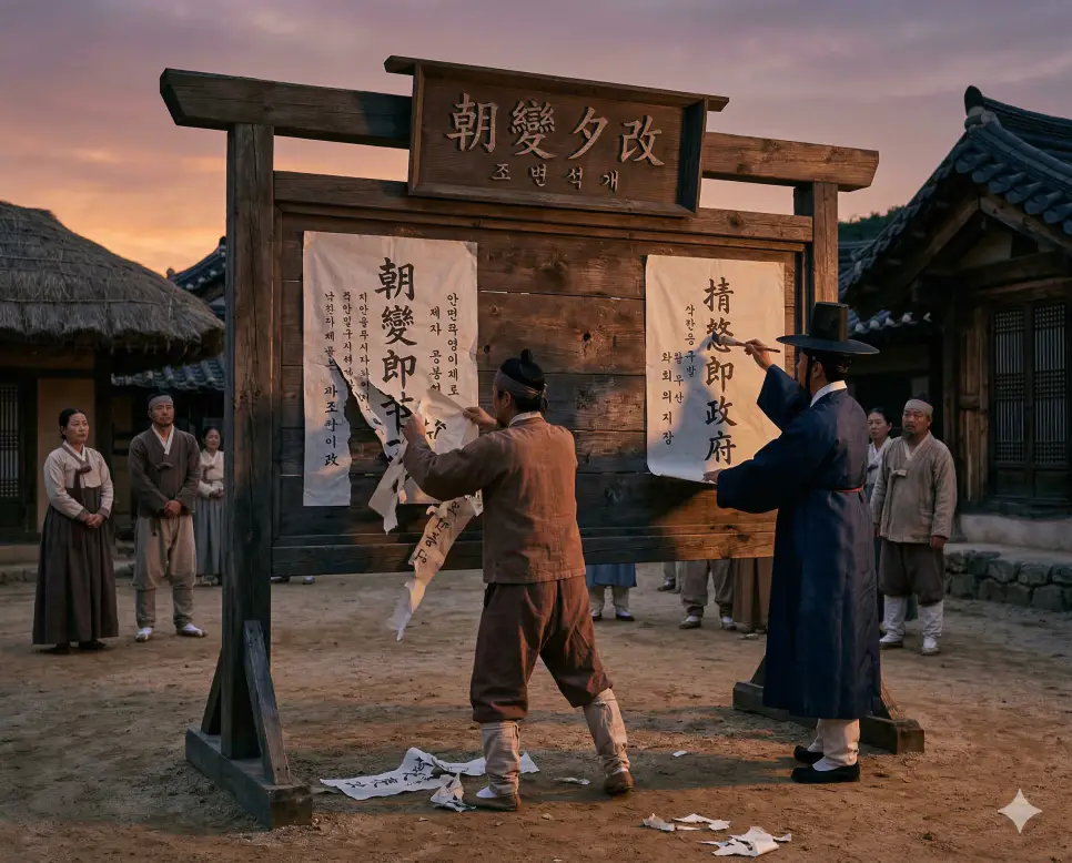 조변석개 뜻, 조삼모사 뜻, 조족지혈 뜻: 일관성의 부재와 눈앞의 속임수, 미미한 차이의 지혜 1 조변석개(朝變夕改) 뜻 – 아침에 변하고 저녁에 고친다는 뜻으로 계획이 자주 바뀜을 의미하며, 게시판의 공고문이 교체되는 사실적 이미지