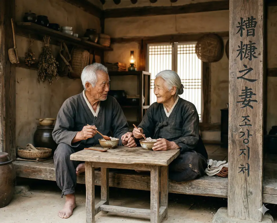 조고각하 뜻, 조강지처 뜻, 조령모개 뜻: 내면의 성찰과 신의의 가치, 일관성의 지혜 정리 2 조강지처(糟糠之妻) 뜻 – 술지게미와 쌀겨를 먹으며 고생을 함께한 아내를 뜻하며, 소박한 식사를 나누는 노부부의 사실적인 이미지