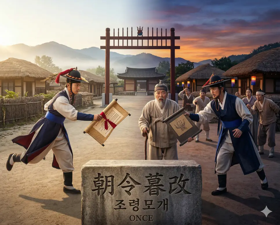 조고각하 뜻, 조강지처 뜻, 조령모개 뜻: 내면의 성찰과 신의의 가치, 일관성의 지혜 정리 3 조령모개(朝令暮改) 뜻 – 아침에 명령을 내리고 저녁에 고친다는 뜻으로 일관성 없는 행정을 비판하는 사실적인 이미지