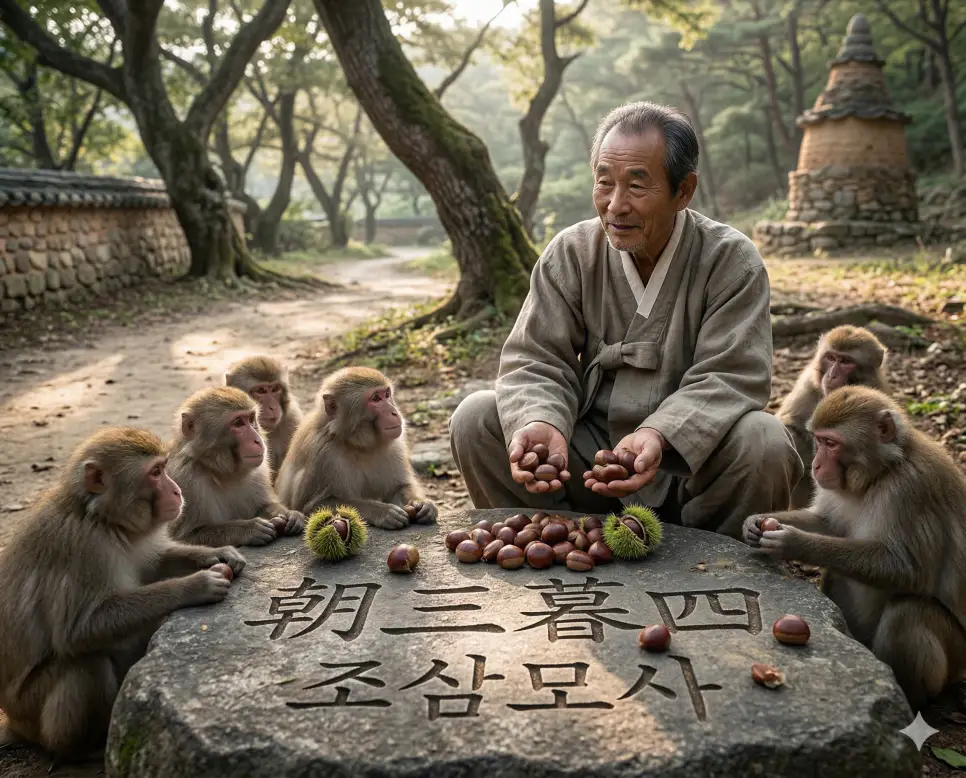 조변석개 뜻, 조삼모사 뜻, 조족지혈 뜻: 일관성의 부재와 눈앞의 속임수, 미미한 차이의 지혜 2 조삼모사(朝三暮四) 뜻 – 눈앞의 차이만 보고 결과가 같음을 모르는 어리석음을 의미하며, 원숭이를 달래는 노인의 사실적인 이미지