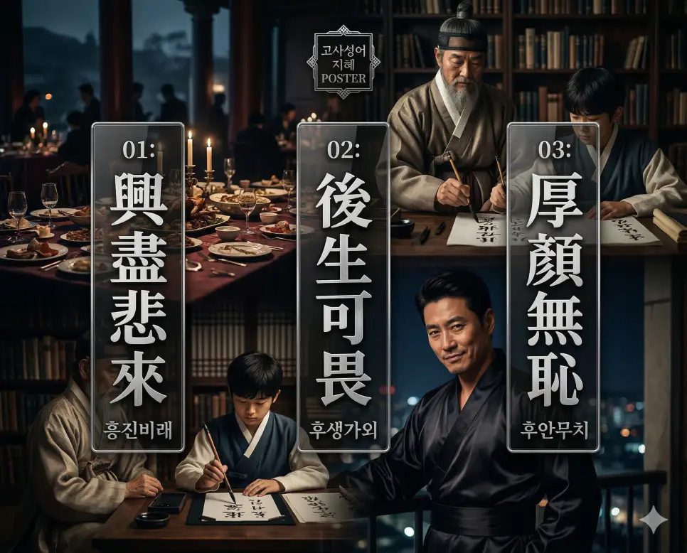 흥진비래, 후생가외, 후안무치의 뜻과 핵심을 담은 세련된 영화 포스터 스타일의 고사성어 인포그래픽