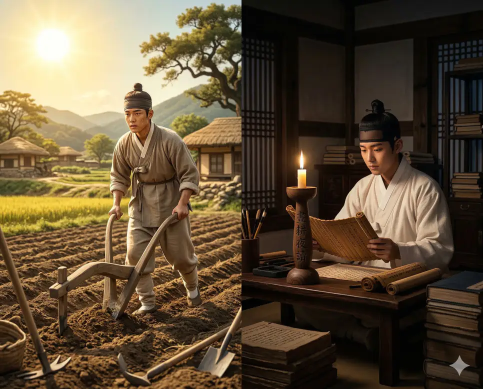 주경야독(晝耕夜讀) 뜻 – 낮에는 밭 갈고 밤에는 공부한다는 뜻으로 바쁜 중에도 학업을 게을리하지 않음을 의미하며, 촛불 아래 공부하는 선비의 사실적 이미지