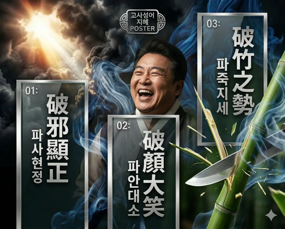 파사현정, 파안대소, 파죽지세의 뜻과 핵심을 담은 세련된 영화 포스터 스타일의 고사성어 인포그래픽