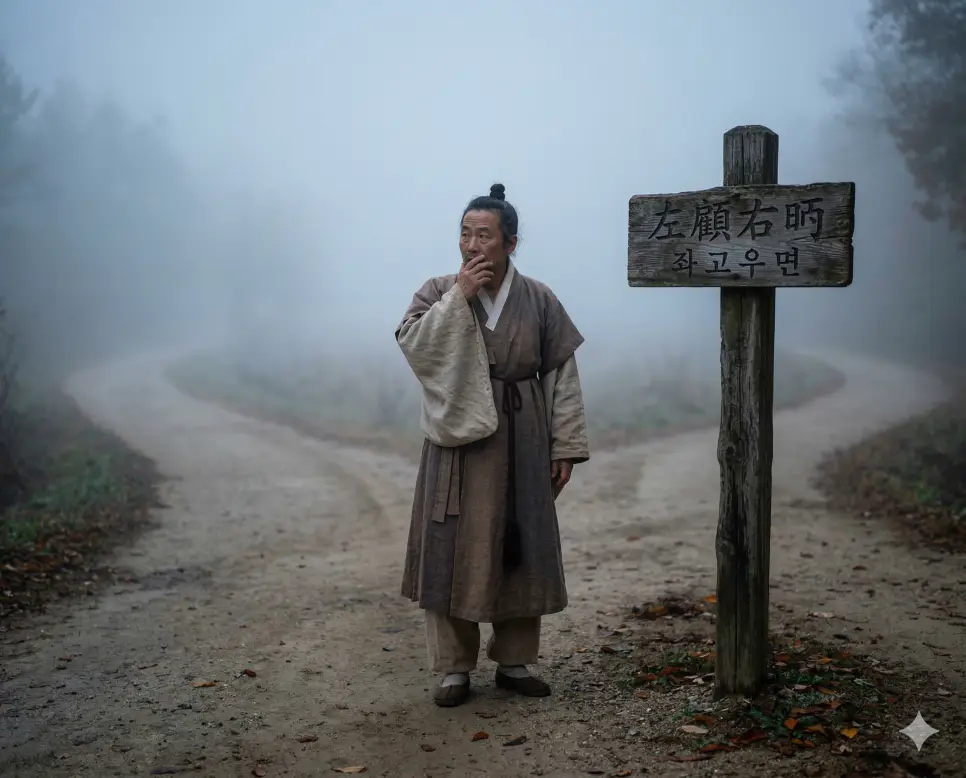 좌고우면(左顧右眄) 뜻 – 왼쪽을 돌아보고 오른쪽을 곁눈질한다는 뜻으로 결정하지 못하고 망설임을 의미하며, 안개 낀 갈림길에 선 인물의 사실적 이미지