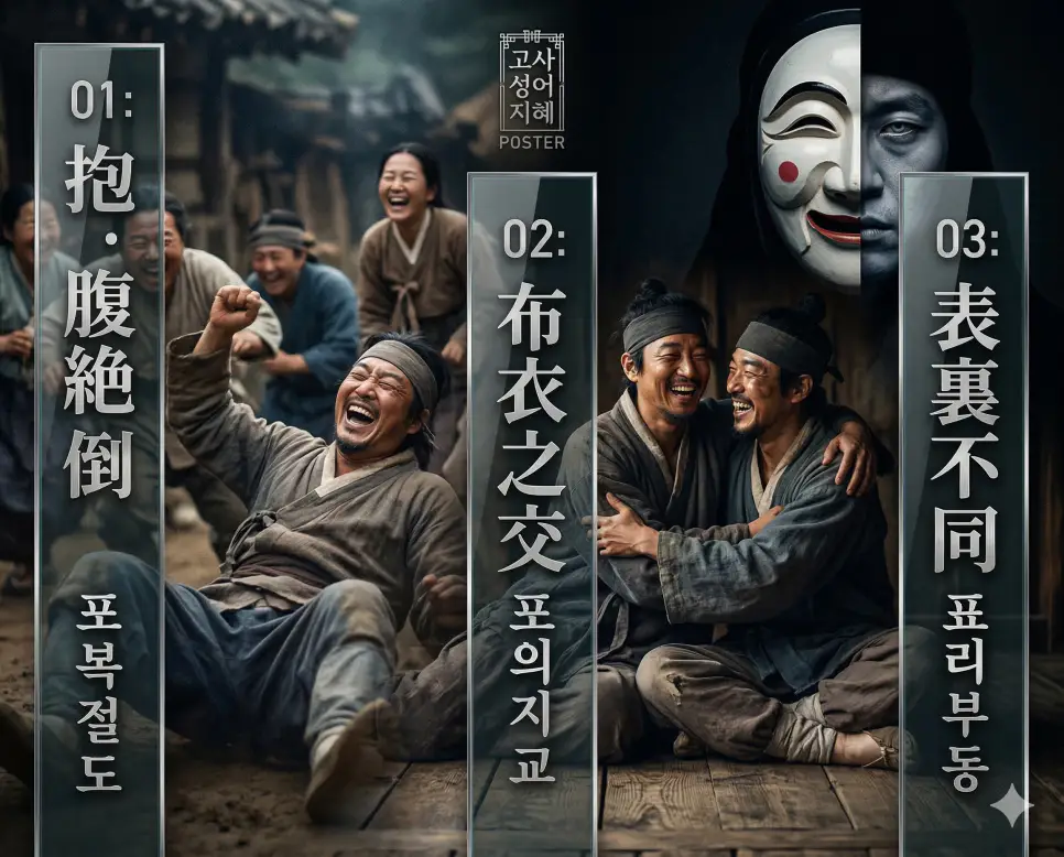 포복절도 뜻, 포의지교 뜻, 표리부동 뜻: 배꼽 잡는 웃음과 소박한 우정, 겉과 속의 경계 정리 4 포복절도, 포의지교, 표리부동의 뜻과 핵심을 담은 세련된 영화 포스터 스타일의 고사성어 인포그래픽