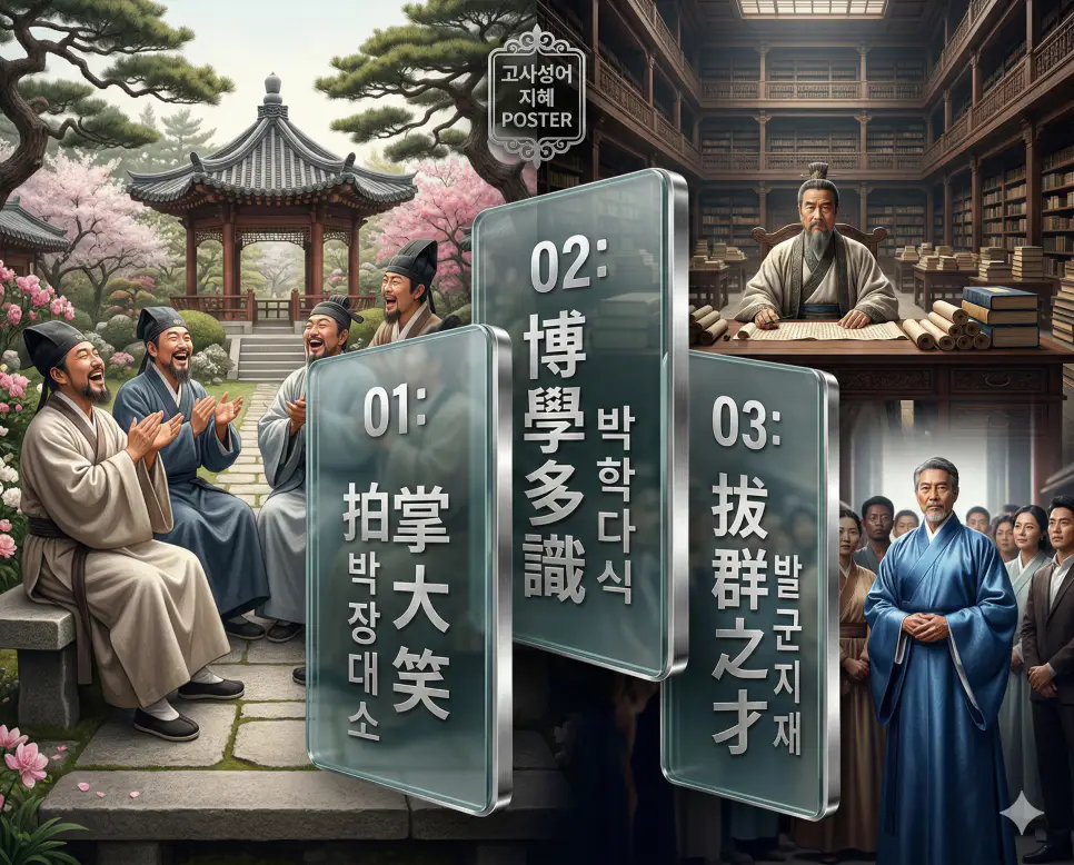 박장대소, 박학다식, 발군지재의 뜻과 핵심을 담은 세련된 영화 포스터 스타일의 FAQ 인포그래픽