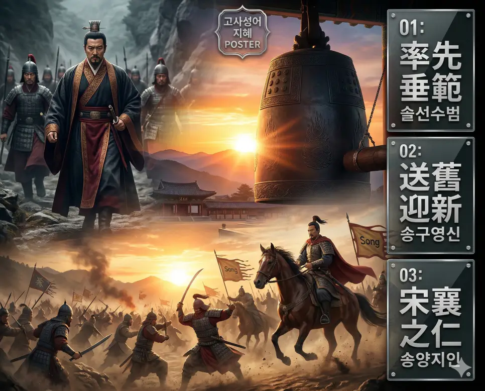 솔선수범 뜻, 송구영신 뜻, 송양지인 뜻: 앞선 실천의 가치와 새 출발, 어리석은 인정의 경계 정리 4 솔선수범, 송구영신, 송양지인의 뜻과 핵심을 담은 세련된 영화 포스터 스타일의 FAQ 인포그래픽