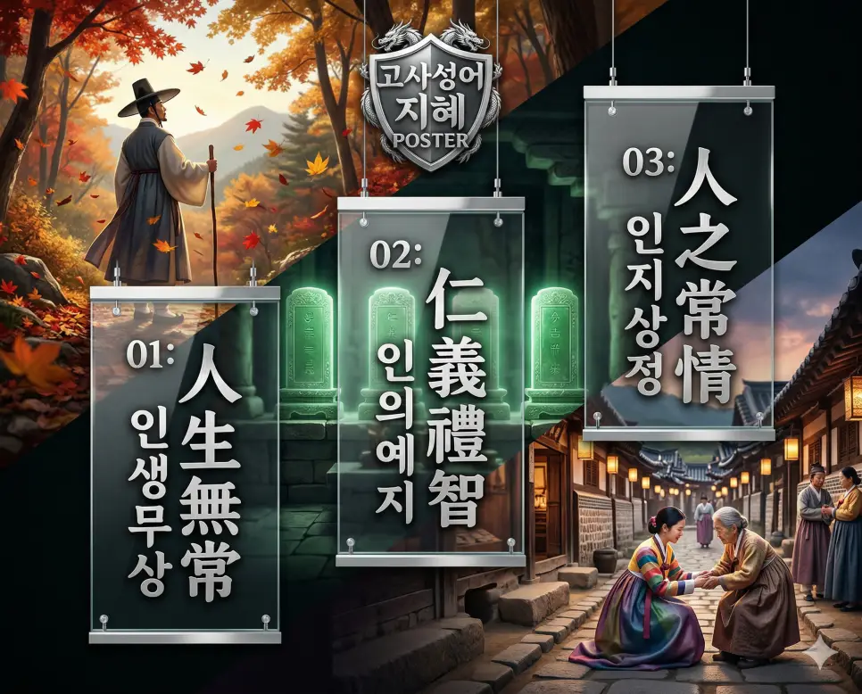 인생무상 뜻, 인의예지 뜻, 인지상정 뜻: 삶의 허무와 사단의 덕목, 인간미의 지혜 정리 4 인생무상, 인의예지, 인지상정의 뜻과 핵심을 담은 세련된 영화 포스터 스타일의 FAQ 인포그래픽