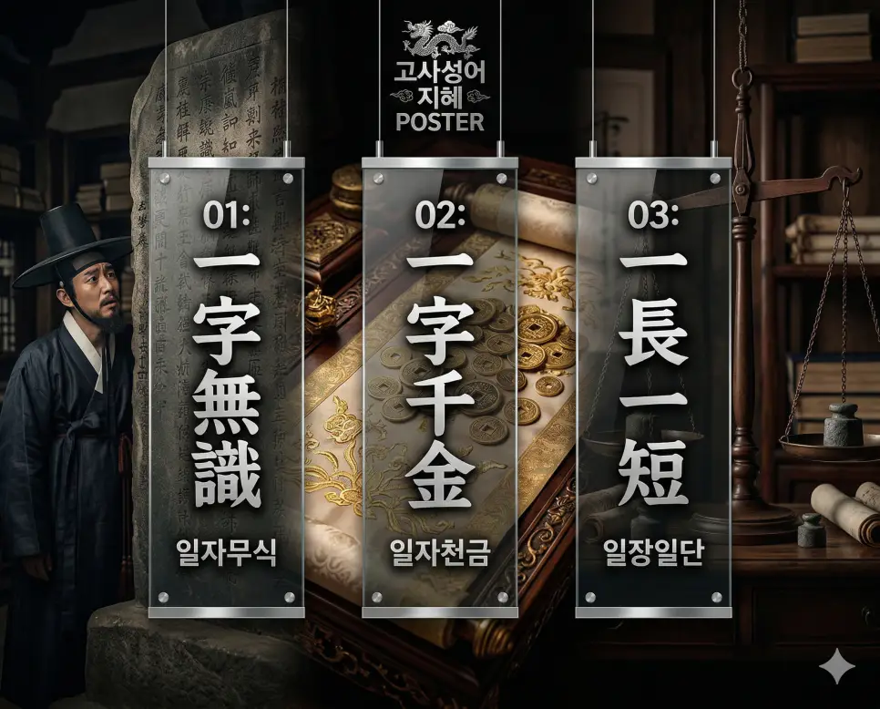 일자무식 뜻, 일자천금 뜻, 일장일단 뜻: 배움의 가치와 문장의 무게, 균형의 지혜 4 일자무식, 일자천금, 일장일단의 뜻과 핵심을 담은 세련된 영화 포스터 스타일의 고사성어 인포그래픽
