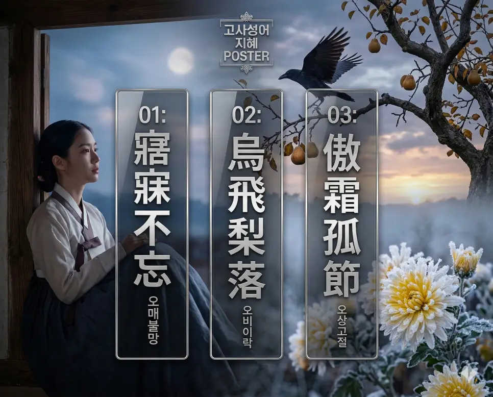 오매불망 뜻, 오비이락 뜻, 오상고절 뜻: 간절한 그리움과 오해의 경계, 굽히지 않는 기개 정리 4 오매불망, 오비이락, 오상고절의 뜻과 핵심을 담은 세련된 영화 포스터 스타일의 FAQ 인포그래픽