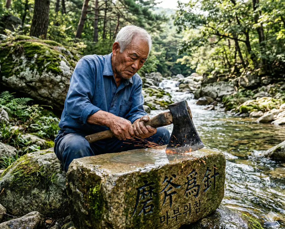 마부위침(磨斧爲針) 뜻 – 도끼를 갈아 바늘을 만든다는 뜻으로 끈기 있는 노력을 의미하며, 커다란 쇳덩이 도끼를 숫돌에 정성껏 가는 노인의 집념 어린 사실적 이미지