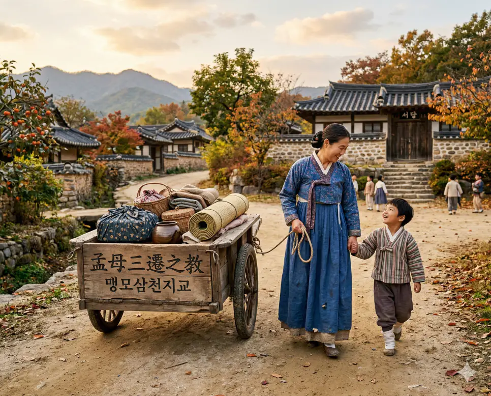 맹모삼천지교(孟母三遷之敎) 뜻 – 맹자의 어머니가 아들의 교육을 위해 세 번 이사했음을 의미하며, 짐을 챙겨 새로운 집으로 향하는 어머니와 아들의 정성 어린 사실적 이미지