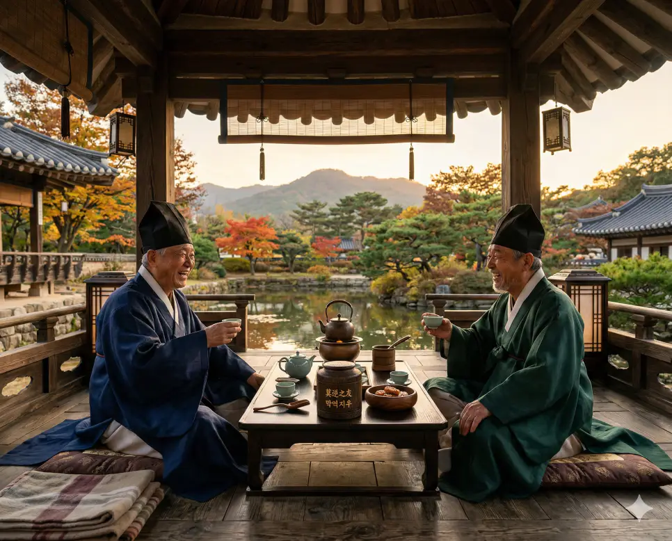 마이동풍 뜻, 막역지우 뜻, 만경창파 뜻: 경청과 우정, 그리고 대양의 지혜 정리 2 막역지우(莫逆之友) 뜻 – 거스름이 없는 친구라는 뜻으로 허물없는 우정을 의미하며, 정자에서 마주 앉아 진심 어린 대화를 나누는 두 친구의 사실적 이미지