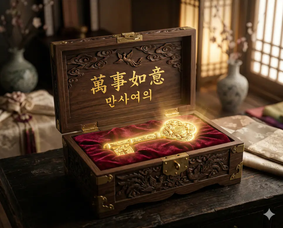만사여의(萬事如意) 뜻 – 모든 일이 뜻대로 됨을 의미하며, 원하는 모든 문을 열 수 있는 황금 열쇠가 빛나는 보석함 위에 놓인 희망차고 사실적인 이미지