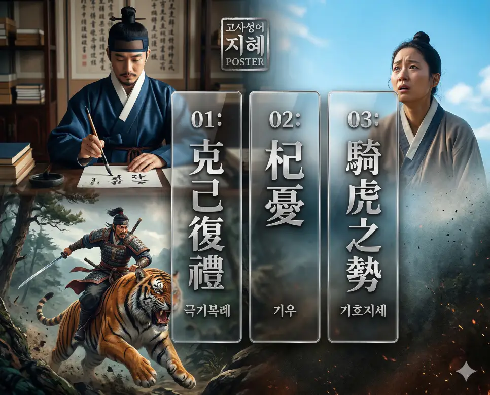 극기복례 뜻, 기우 뜻, 기호지세 뜻: 자신을 이기는 지혜와 불필요한 걱정, 멈출 수 없는 기세 정리 4 극기복례, 기우, 기호지세의 뜻과 핵심을 담은 세련된 영화 포스터 스타일의 고사성어 인포그래픽