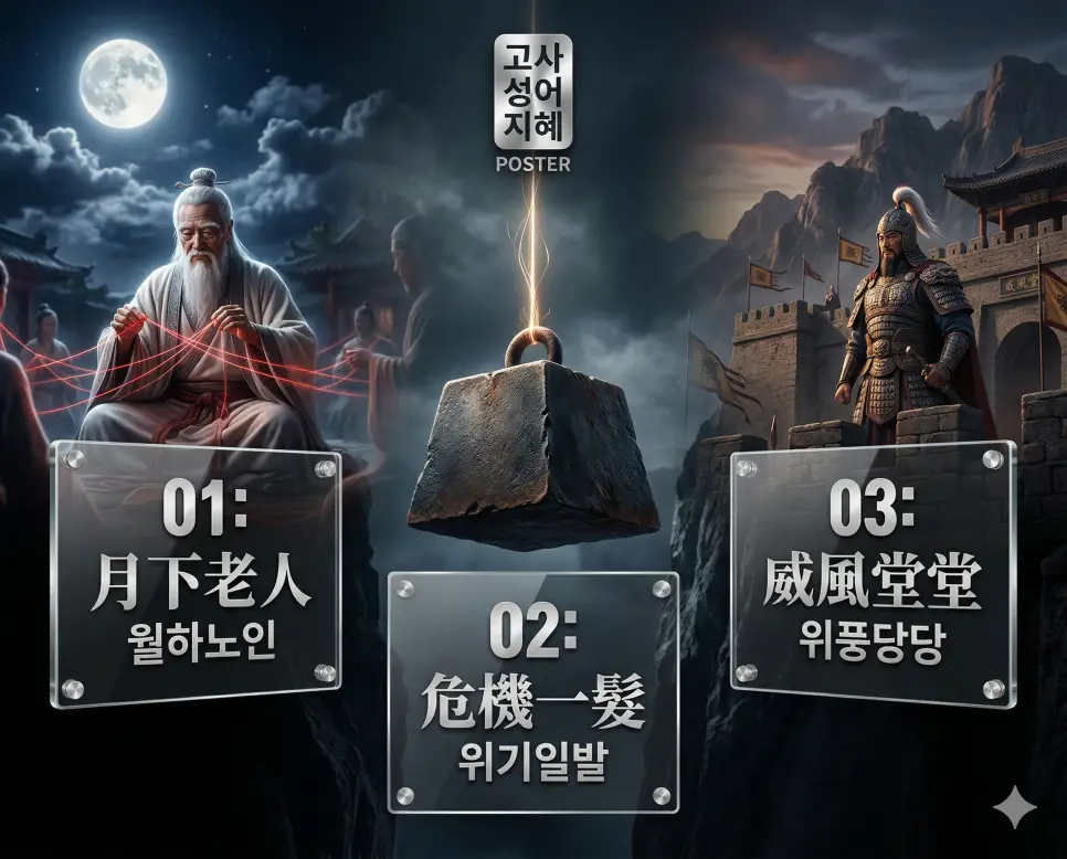 월하노인 뜻, 위기일발 뜻, 위풍당당 뜻: 인연의 신비와 긴박한 순간, 늠름한 기개의 지혜 정리 4 월하노인, 위기일발, 위풍당당의 뜻과 핵심을 담은 세련된 영화 포스터 스타일의 FAQ 인포그래픽