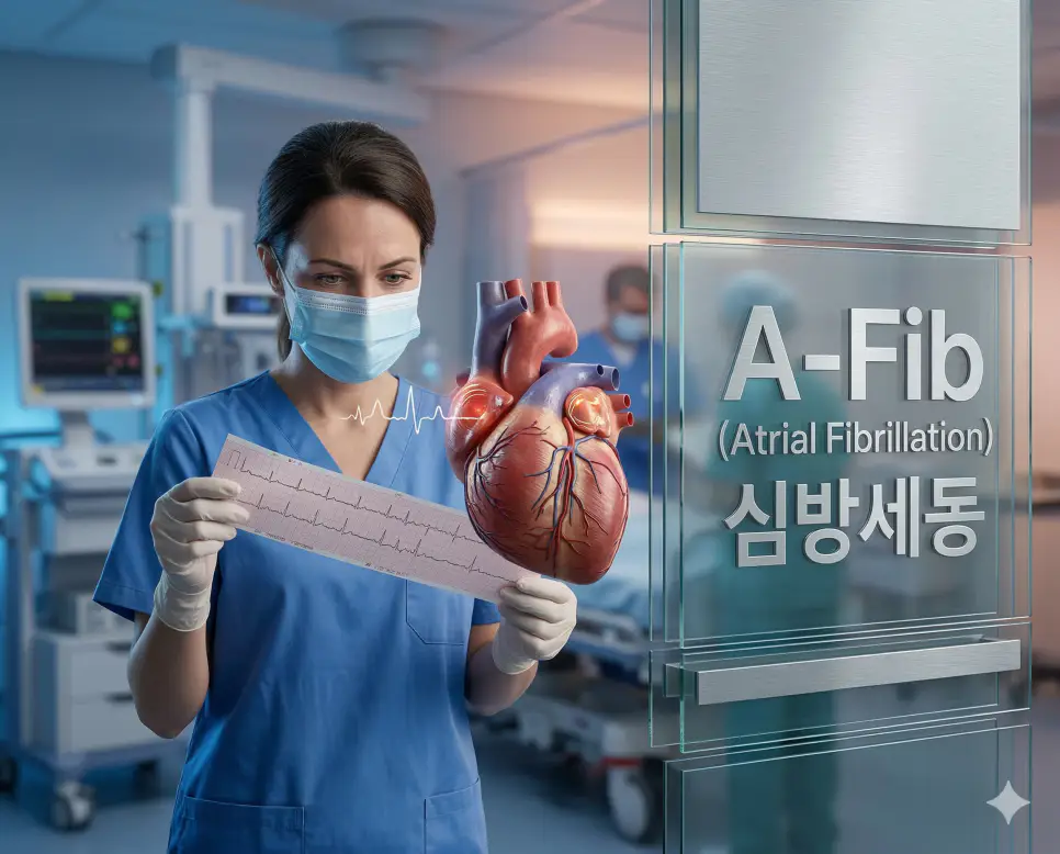 의학용어 A-Fib, AFB, AFIB 1 의학용어 A-Fib(심방세동)의 뜻과 ECG 심전도 검사 장면을 담은 전문적인 의료 시각화 이미지