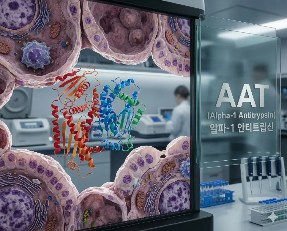 의학용어 AAA, AAT, ABG 2 의학용어 AAT(알파-1 안티트립신)의 의미와 분자 상호작용 이미지가 세련되게 어우러진 연구실 배경의 메디컬 이미지