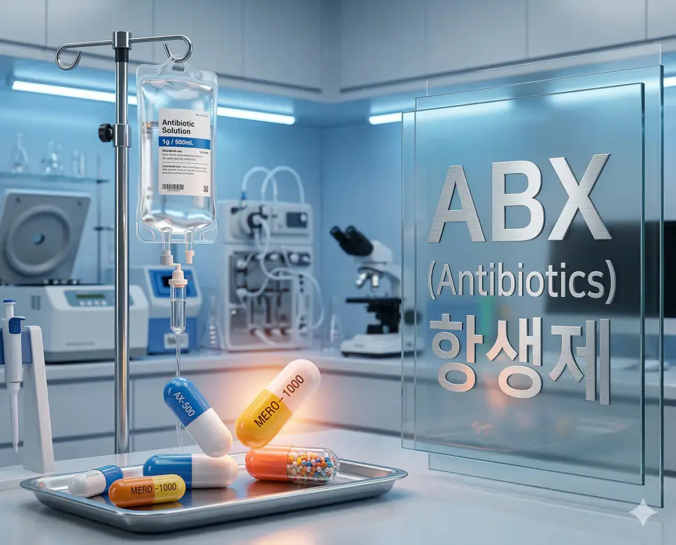 의학용어 ABI, ABX, AC 2 의학용어 ABX(항생제)의 뜻과 의약품 연구실 배경이 어우러진 사실적인 의료 이미지