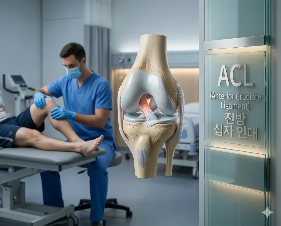 의학용어 ACL(전방 십자 인대)의 의미와 무릎 관절 해부학 이미지가 어우러진 전문적인 의료 이미지