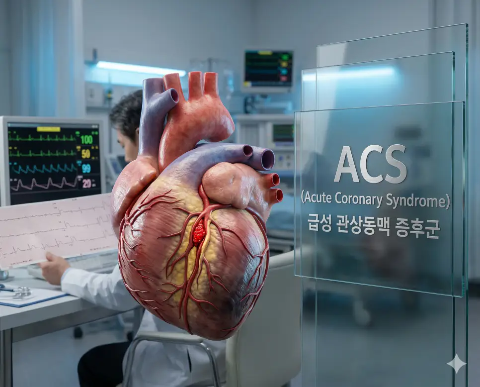의학용어 ACLS, ACS, ACTH 2 의학용어 ACS(급성 관상동맥 증후군)의 의미와 심장 혈관 시각화 이미지가 어우러진 전문적인 의료 이미지