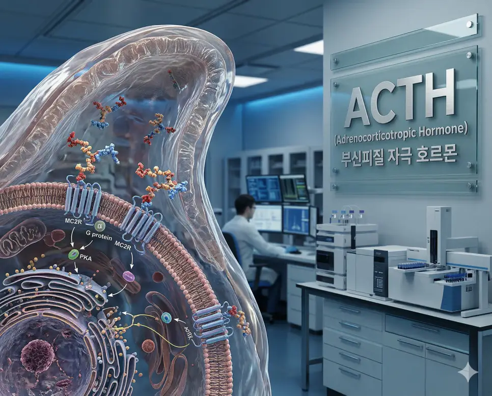 의학용어 ACLS, ACS, ACTH 3 의학용어 ACTH(부신피질 자극 호르몬)의 의미와 분자 구조 이미지가 어우러진 실험실 배경의 의료 이미지
