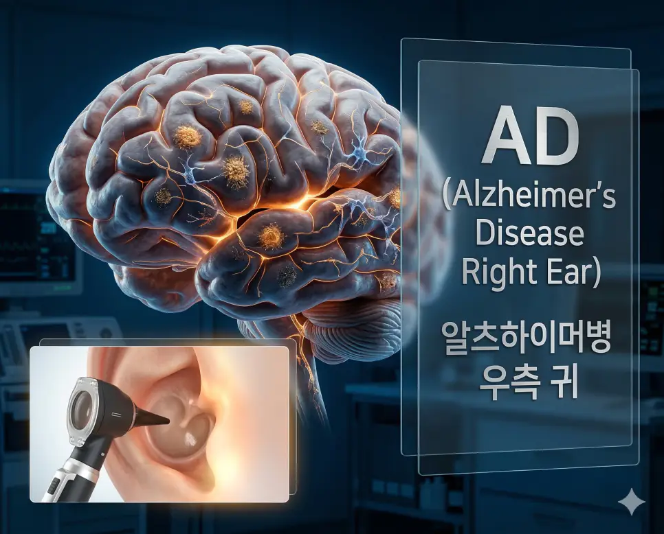 의학용어 AD(알츠하이머병 및 우측 귀)의 의미와 뇌 신경 및 이비인후과 시각화 이미지가 어우러진 전문 의료 이미지