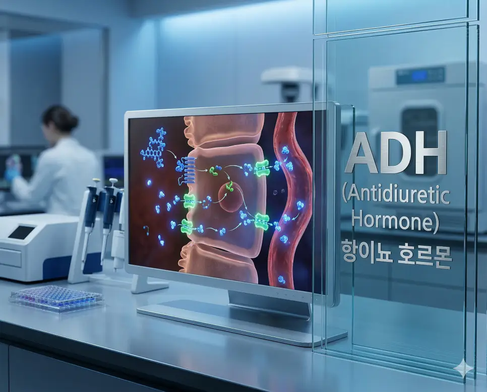 의학용어 ADH(항이뇨 호르몬)의 의미와 수분 조절을 시각화한 분자 구조 및 실험실 배경의 의료 이미지